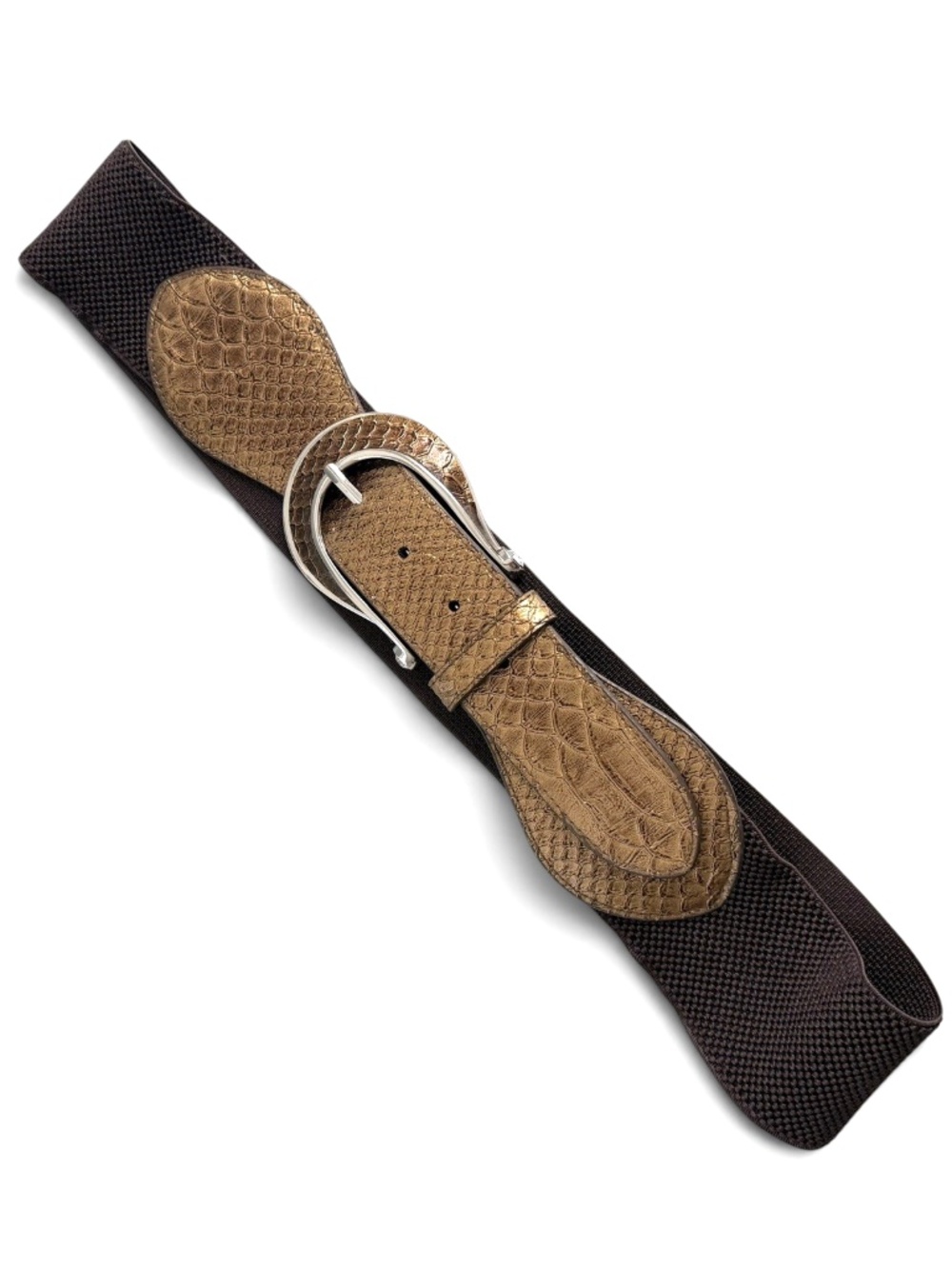 Chico's Brown Bronze Reptile Embossed Stretch Belt Size Large Statement Buckle